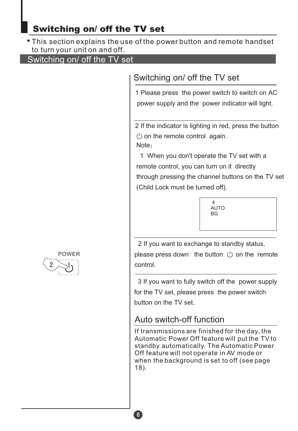 Switching on/ off the tv set, Auto switch-off function | Orion TV/DVD-1432 User Manual | Page 7 / 36