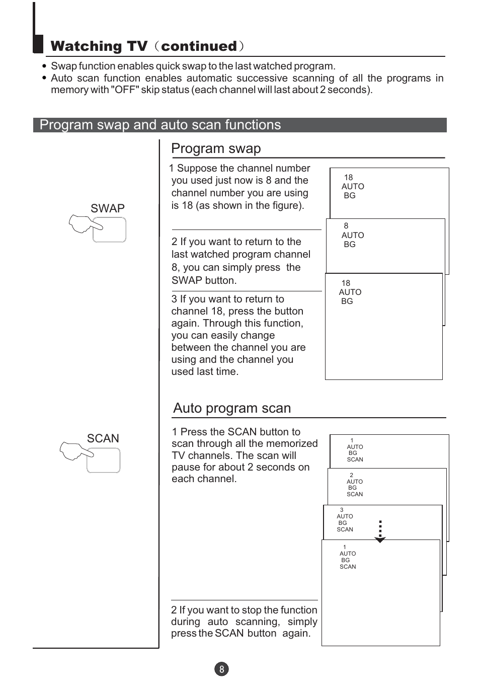 Watching tv continued, Program swap and auto scan functions program swap, Auto program scan | Orion TV/DVD-1432 User Manual | Page 9 / 36