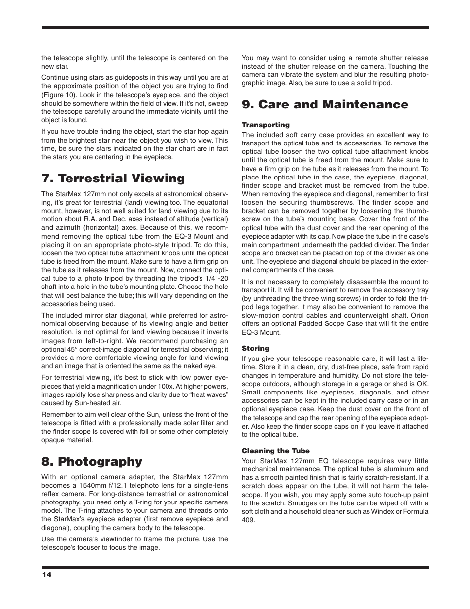 Terrestrial viewing, Photography, Care and maintenance | Orion STARMAX 9826 User Manual | Page 14 / 15