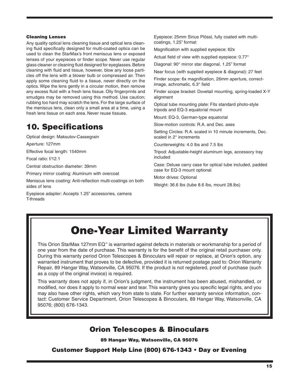 One-year limited warranty, Specifications, Orion telescopes & binoculars | Orion STARMAX 9826 User Manual | Page 15 / 15
