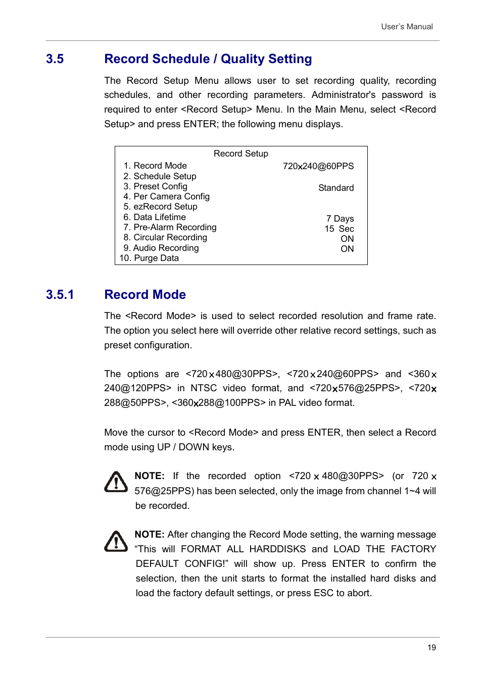 5 record schedule / quality setting, 1 record mode | Optiview DVR User Manual | Page 24 / 45