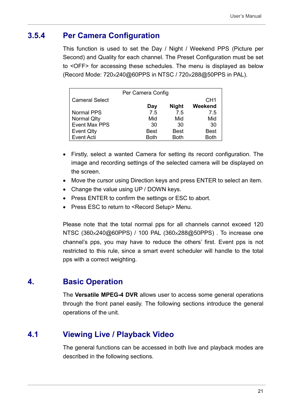 4 per camera configuration, Basic operation, 1 viewing live / playback video | Optiview DVR User Manual | Page 26 / 45