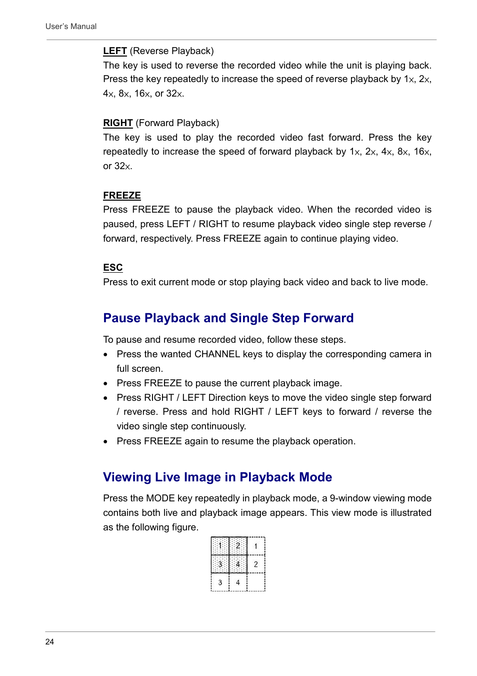 Pause playback and single step forward, Viewing live image in playback mode | Optiview DVR User Manual | Page 29 / 45