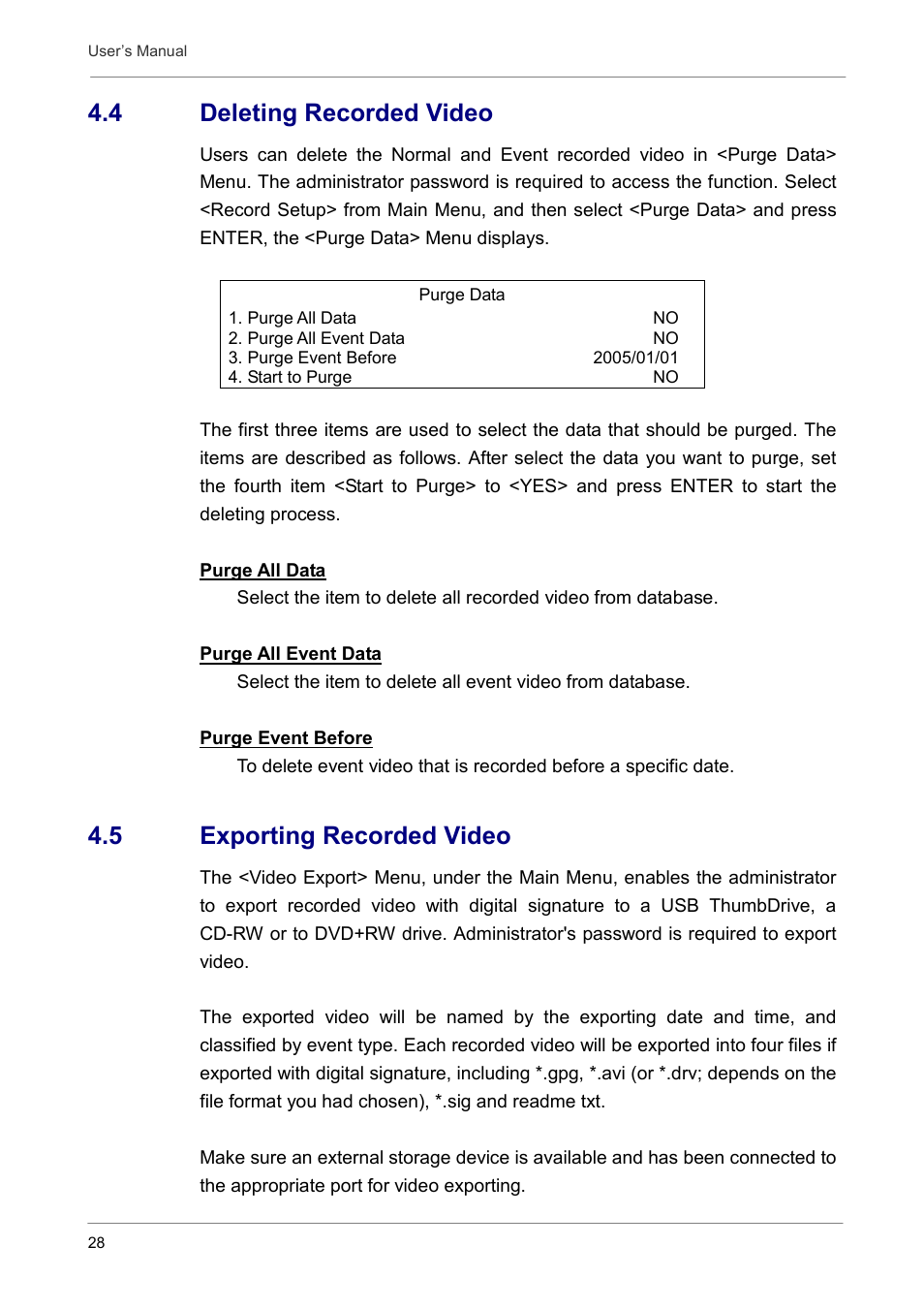 4 deleting recorded video, 5 exporting recorded video | Optiview DVR User Manual | Page 33 / 45