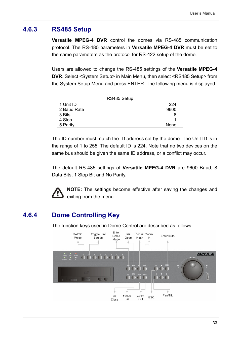 3 rs485 setup, 4 dome controlling key | Optiview DVR User Manual | Page 38 / 45