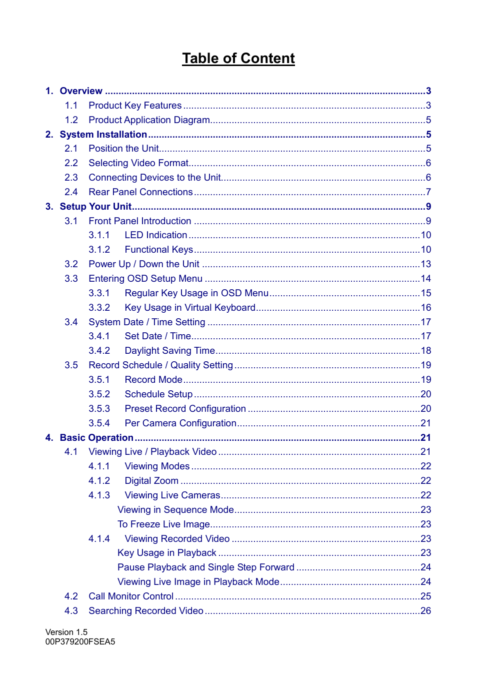 Table of content | Optiview DVR User Manual | Page 6 / 45
