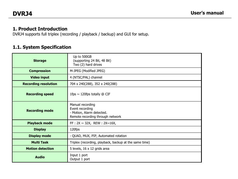 Dvrj4, Product introduction, System specification user’s manual | Optiview DVRJ4 User Manual | Page 4 / 44