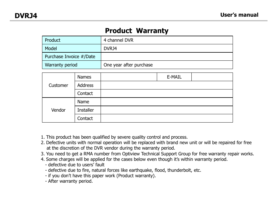 Dvrj4, Product warranty | Optiview DVRJ4 User Manual | Page 44 / 44