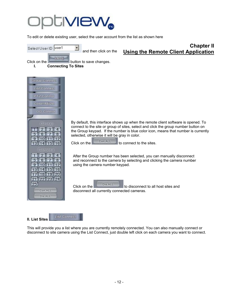 Ii. list sites, Chapter ii using the remote client application | Optiview 2.28.06/4.37 User Manual | Page 12 / 19