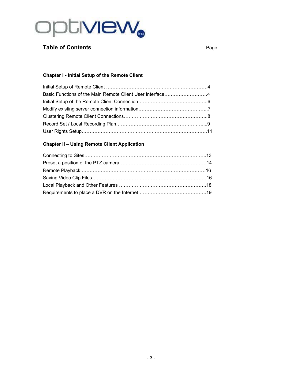 Chapter i - initial setup of the remote client | Optiview 2.28.06/4.37 User Manual | Page 3 / 19