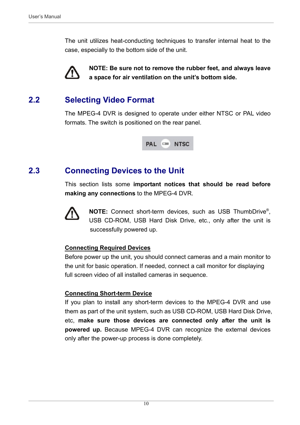 2 selecting video format, 3 connecting devices to the unit | Optiview MPEG-4 User Manual | Page 10 / 41