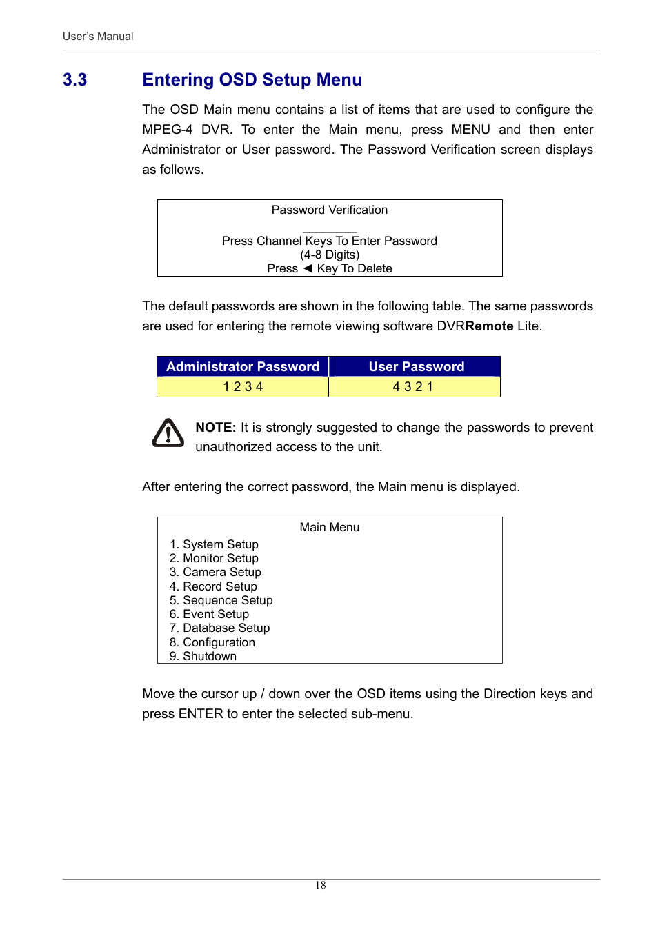 3 entering osd setup menu | Optiview MPEG-4 User Manual | Page 18 / 41