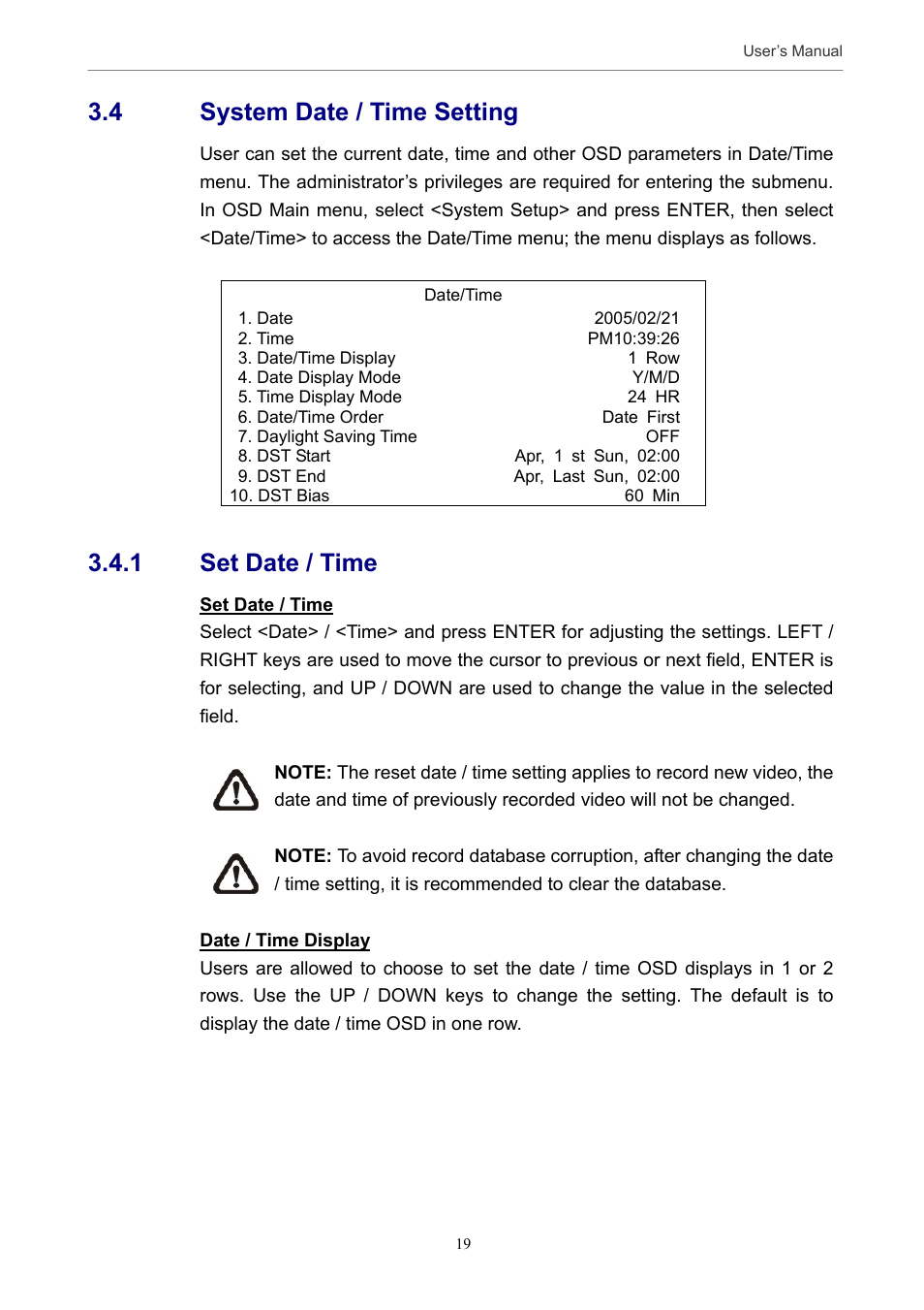 4 system date / time setting, 1 set date / time | Optiview MPEG-4 User Manual | Page 19 / 41
