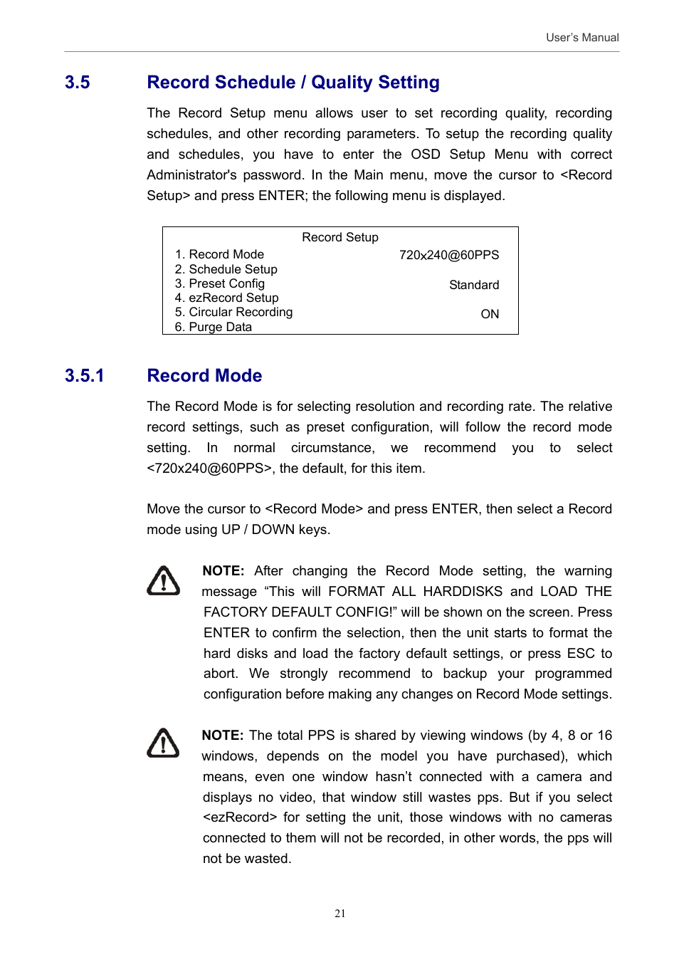 5 record schedule / quality setting, 1 record mode | Optiview MPEG-4 User Manual | Page 21 / 41