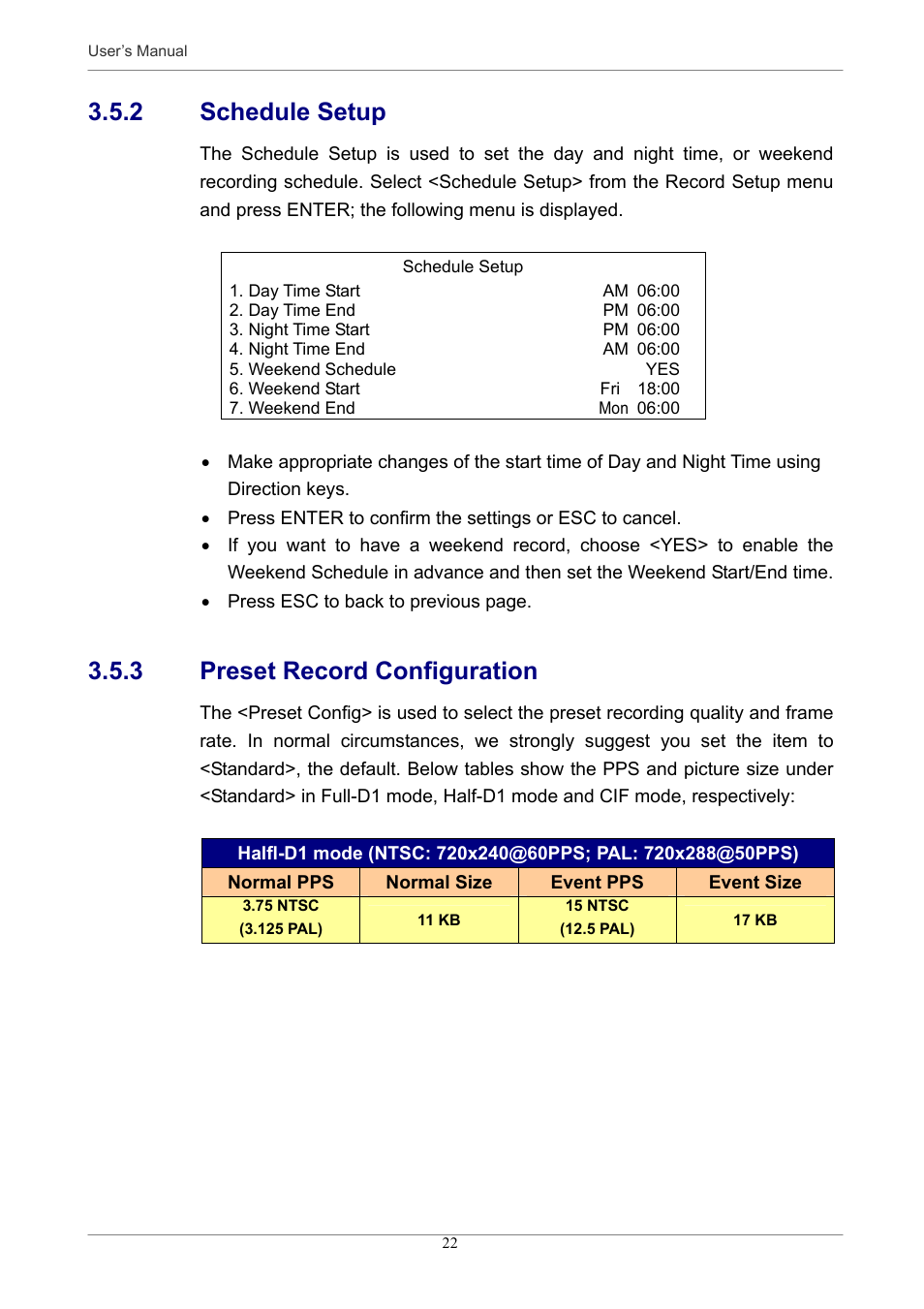 2 schedule setup, 3 preset record configuration | Optiview MPEG-4 User Manual | Page 22 / 41