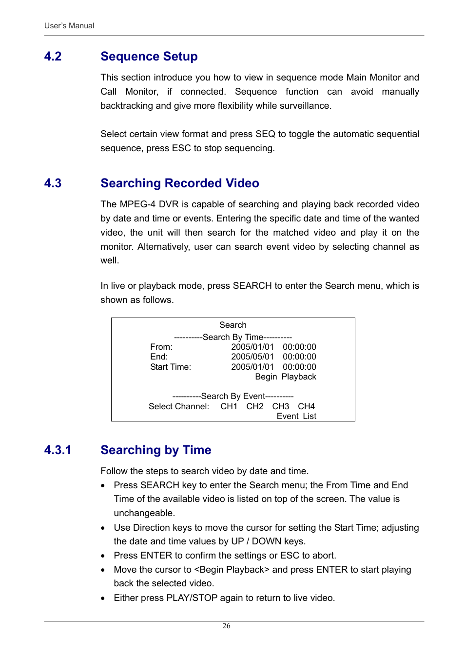 2 sequence setup, 3 searching recorded video, 1 searching by time | Optiview MPEG-4 User Manual | Page 26 / 41