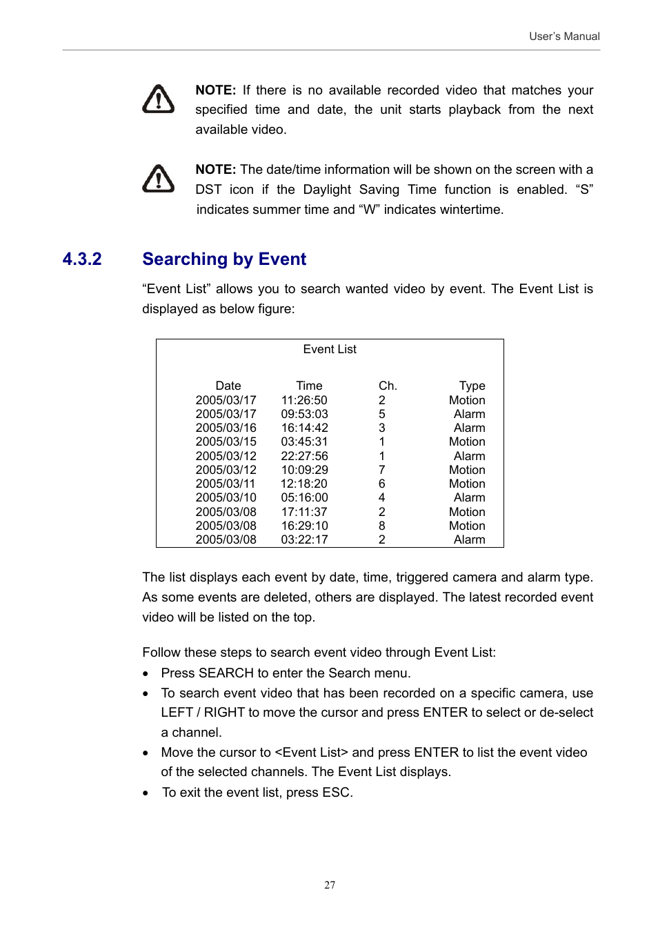 2 searching by event | Optiview MPEG-4 User Manual | Page 27 / 41