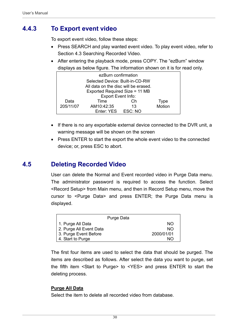 3 to export event video, 5 deleting recorded video | Optiview MPEG-4 User Manual | Page 30 / 41