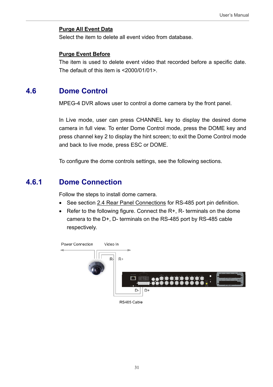 6 dome control, 1 dome connection | Optiview MPEG-4 User Manual | Page 31 / 41