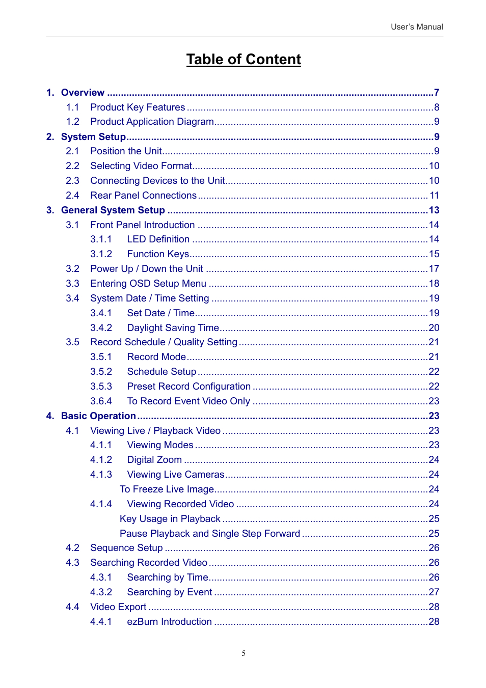 Table of content | Optiview MPEG-4 User Manual | Page 5 / 41