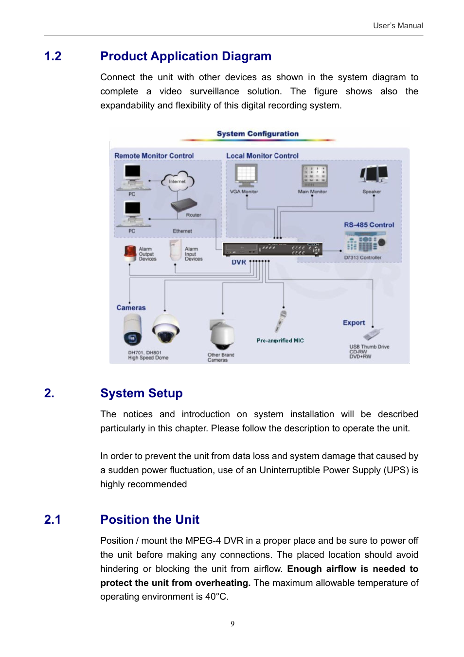 2 product application diagram, System setup, 1 position the unit | Optiview MPEG-4 User Manual | Page 9 / 41