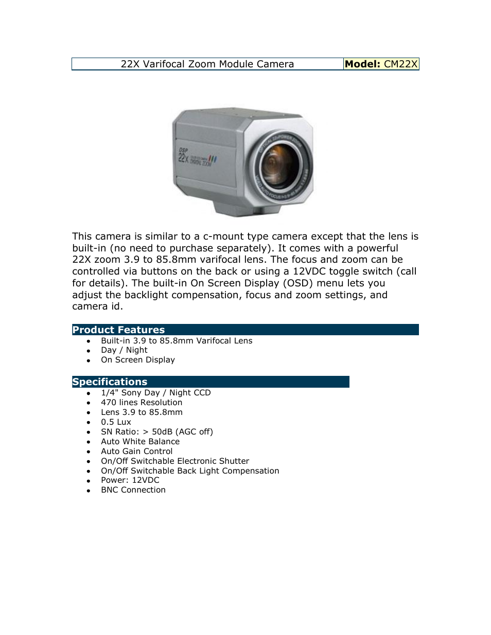 Optiview CM22X User Manual | 1 page