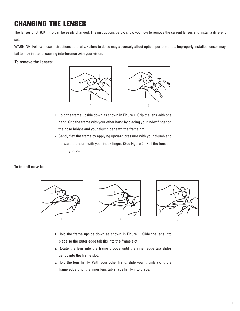 Changing the lenses | Oakley O ROKR Pro User Manual | Page 11 / 17