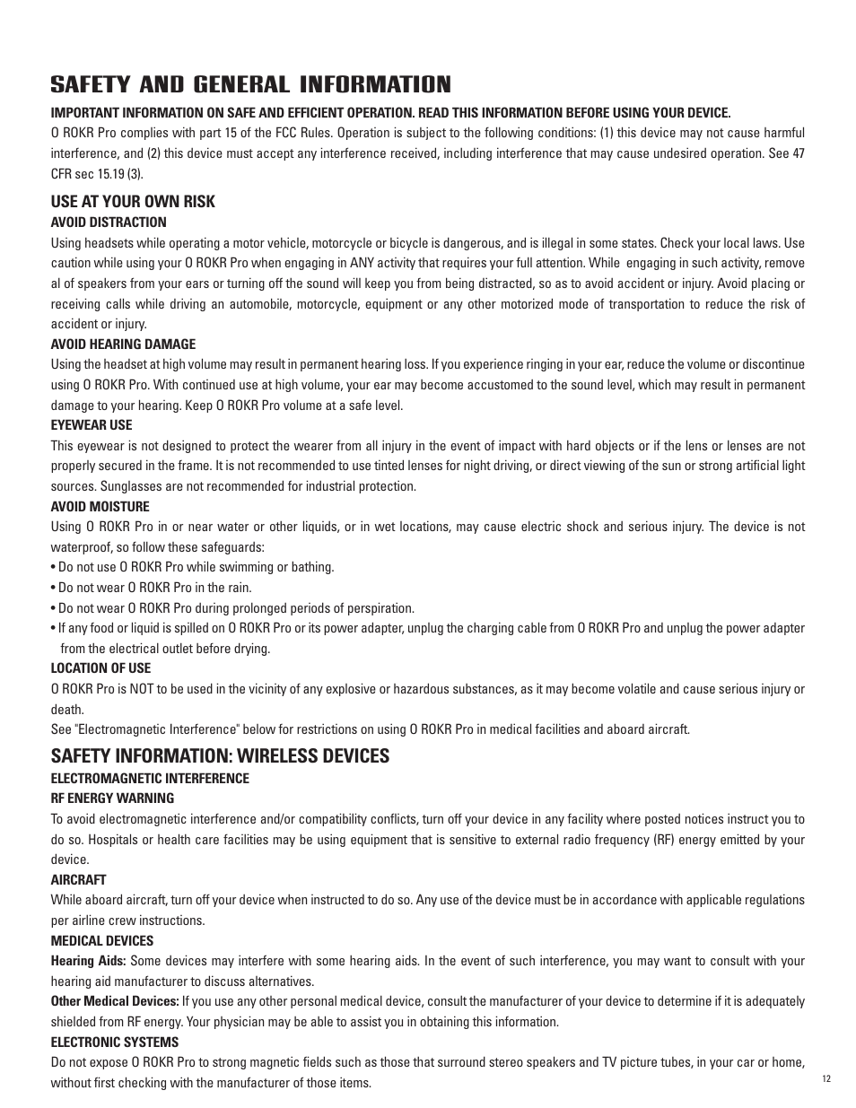 Safety and general information, Safety information: wireless devices | Oakley O ROKR Pro User Manual | Page 12 / 17