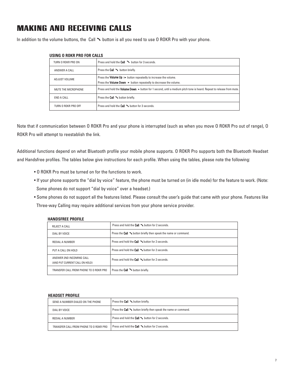 Making and receiving calls, Using o rokr pro for calls, Handsfree profile | Headset profile | Oakley O ROKR Pro User Manual | Page 7 / 17