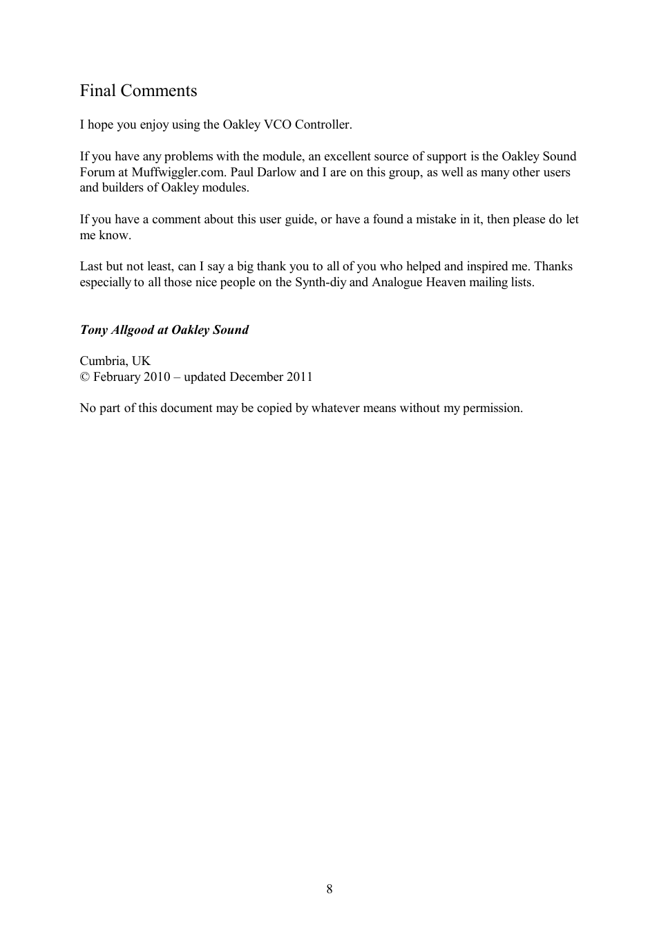 Final comments | Oakley VCO 5U User Manual | Page 8 / 8