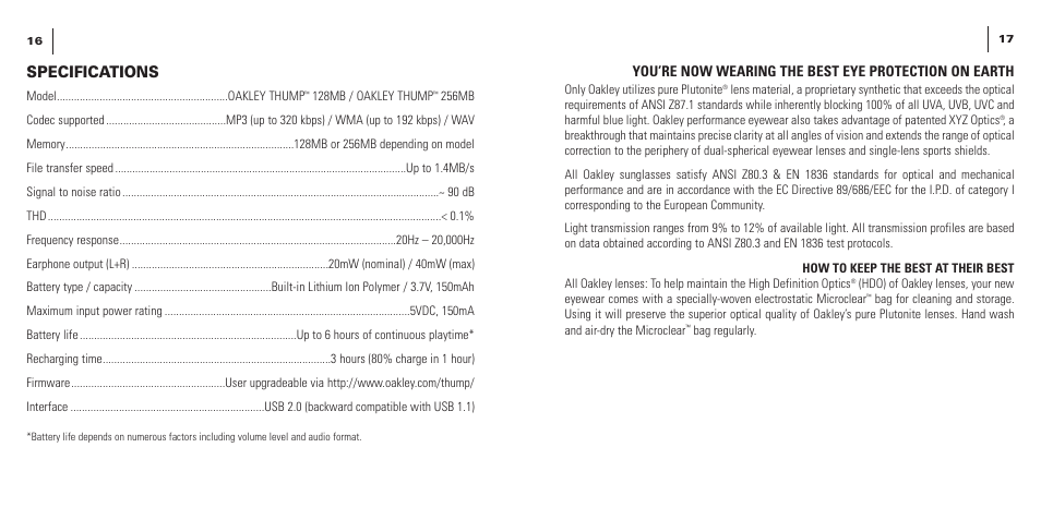 Specifications | Oakley THUMP User Manual | Page 10 / 14