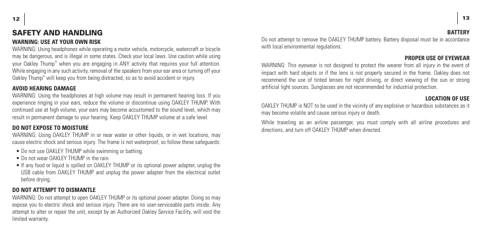 Safety and handling | Oakley THUMP User Manual | Page 8 / 14