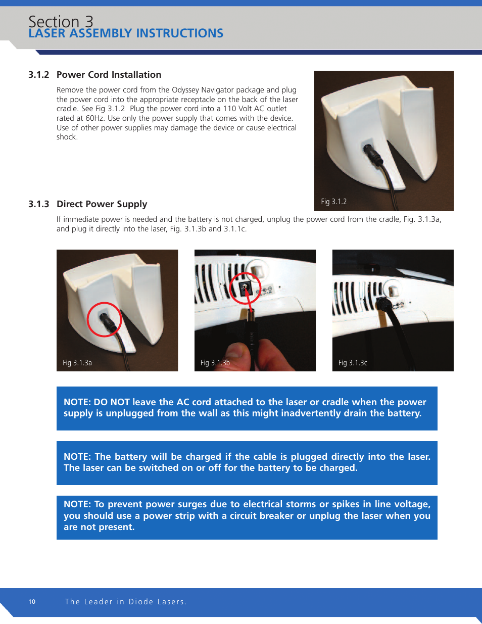 2 power cord installation, 3 direct power supply, Laser assembly instructions | Odyssey Electronics Marine GPS System User Manual | Page 10 / 38