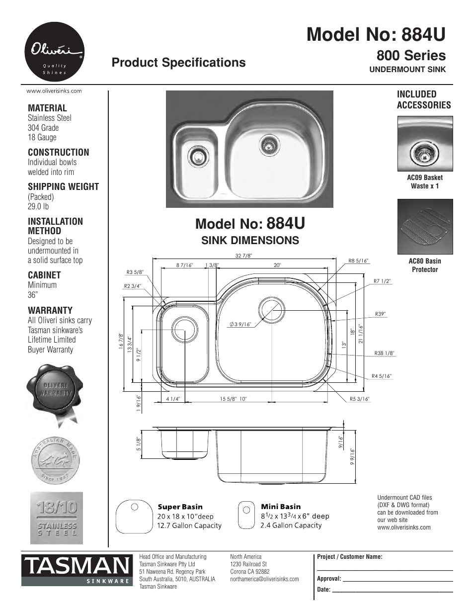 Oliveri 884U User Manual | 1 page