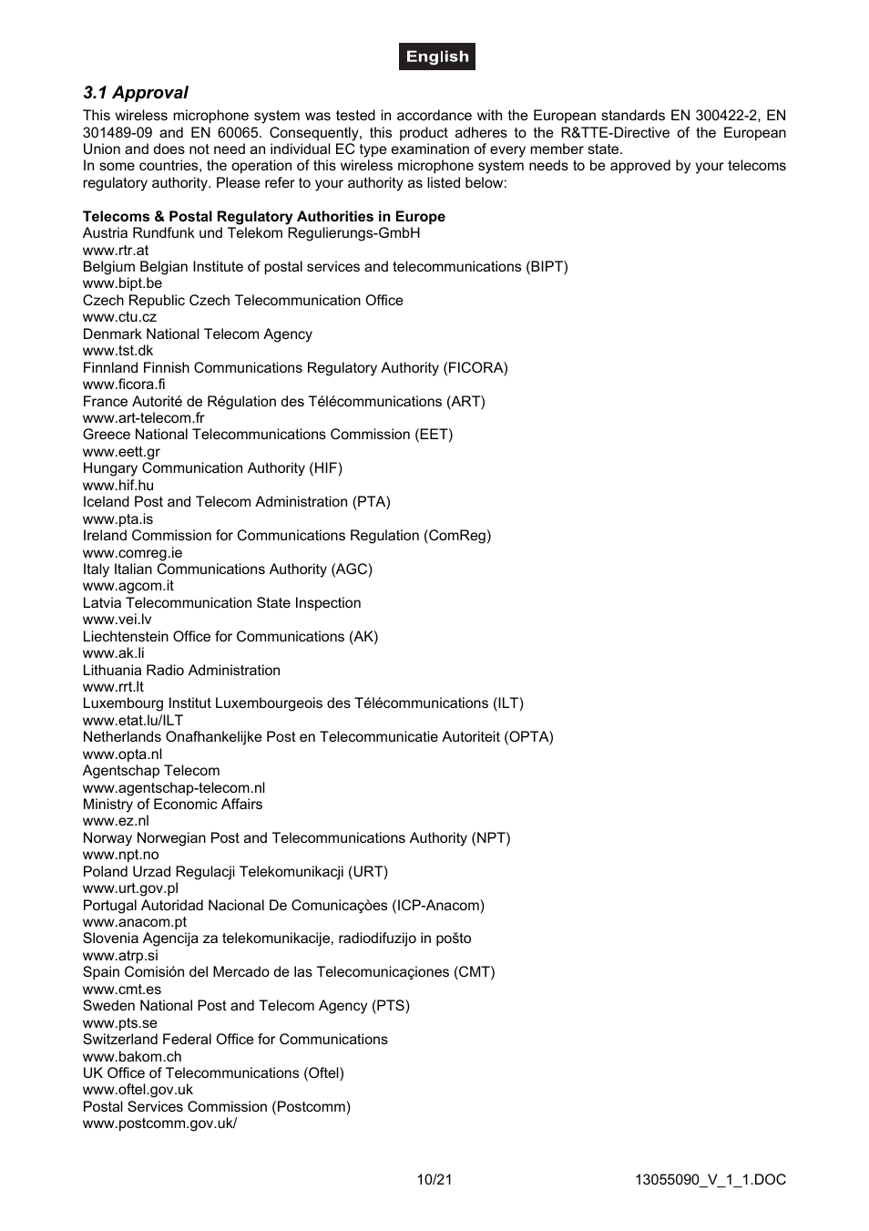 1 approval, Telecoms & postal regulatory authorities in europe | Omnitron Systems Technology HM-1000 User Manual | Page 10 / 21