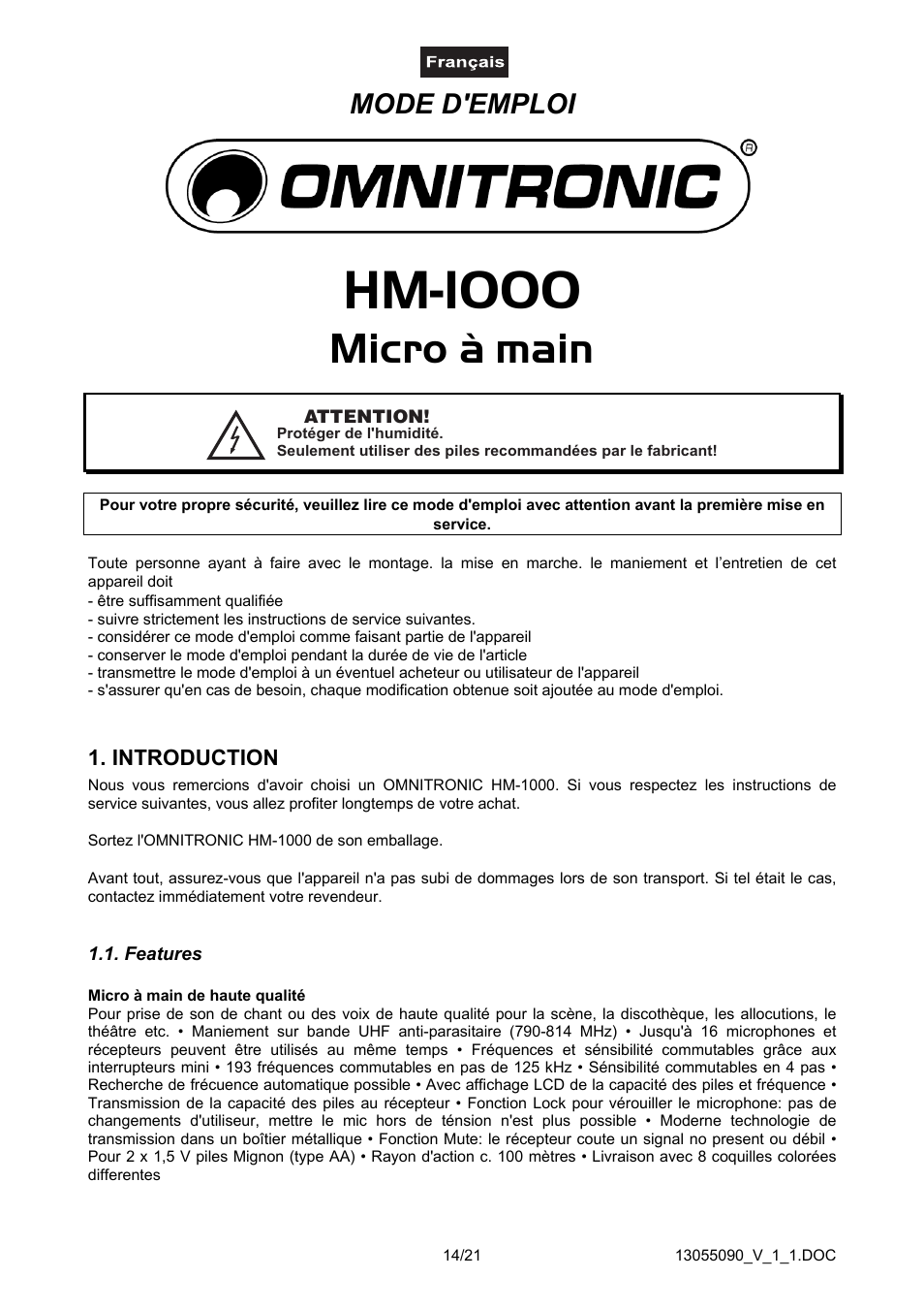 Introduction, Features, Hm-1000 | Micro à main, Mode d'emploi | Omnitron Systems Technology HM-1000 User Manual | Page 14 / 21