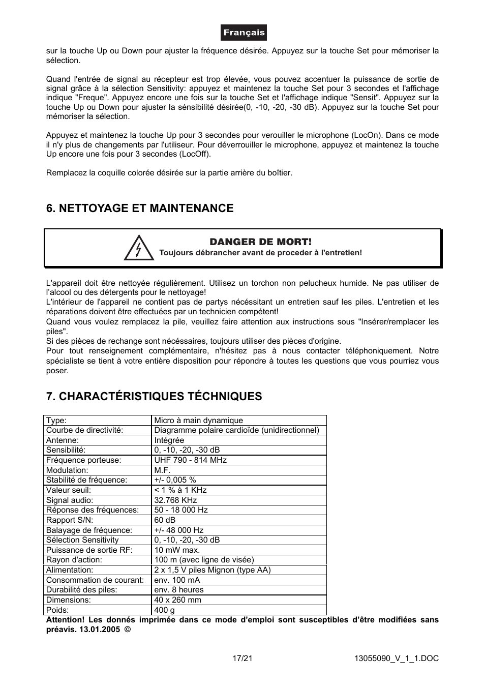 Nettoyage et maintenancel'appareil doit être, Nettoyage et maintenance, Charactéristiques téchniques | Omnitron Systems Technology HM-1000 User Manual | Page 17 / 21
