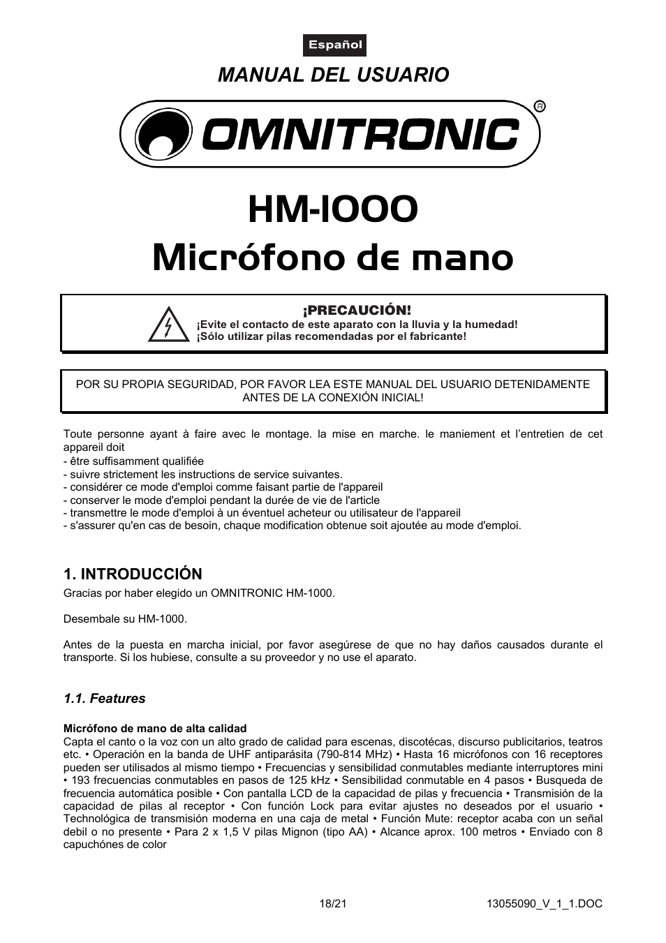 Introducción, Features, Hm-1000 micrófono de mano | Manual del usuario | Omnitron Systems Technology HM-1000 User Manual | Page 18 / 21