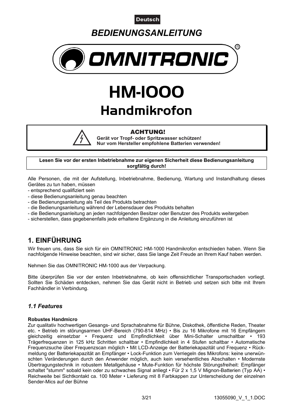 Einführung, 1 features, Hm-1000 | Handmikrofon, Bedienungsanleitung | Omnitron Systems Technology HM-1000 User Manual | Page 3 / 21