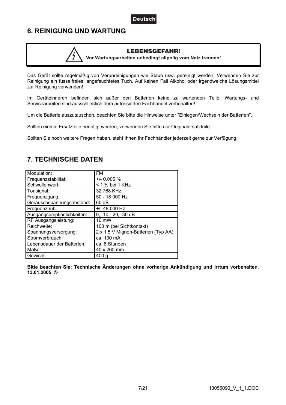 Reinigung und wartungdas gerät sollte regelm, Reinigung und wartung 7. technische daten, Reinigung und wartung | Technische daten | Omnitron Systems Technology HM-1000 User Manual | Page 7 / 21