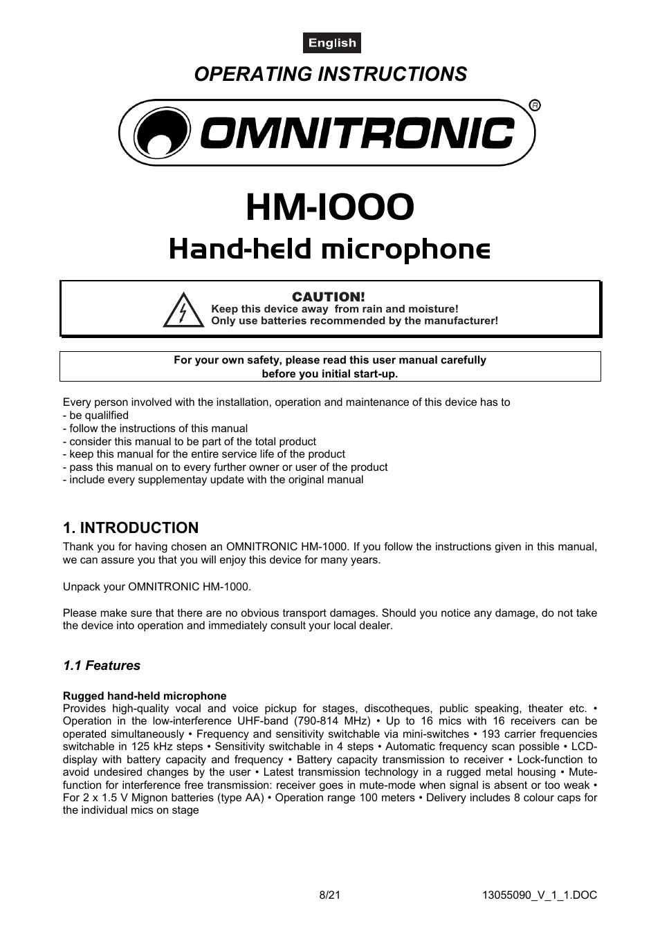 Introduction, 1 features, Hm-1000 | Hand-held microphone, Operating instructions | Omnitron Systems Technology HM-1000 User Manual | Page 8 / 21