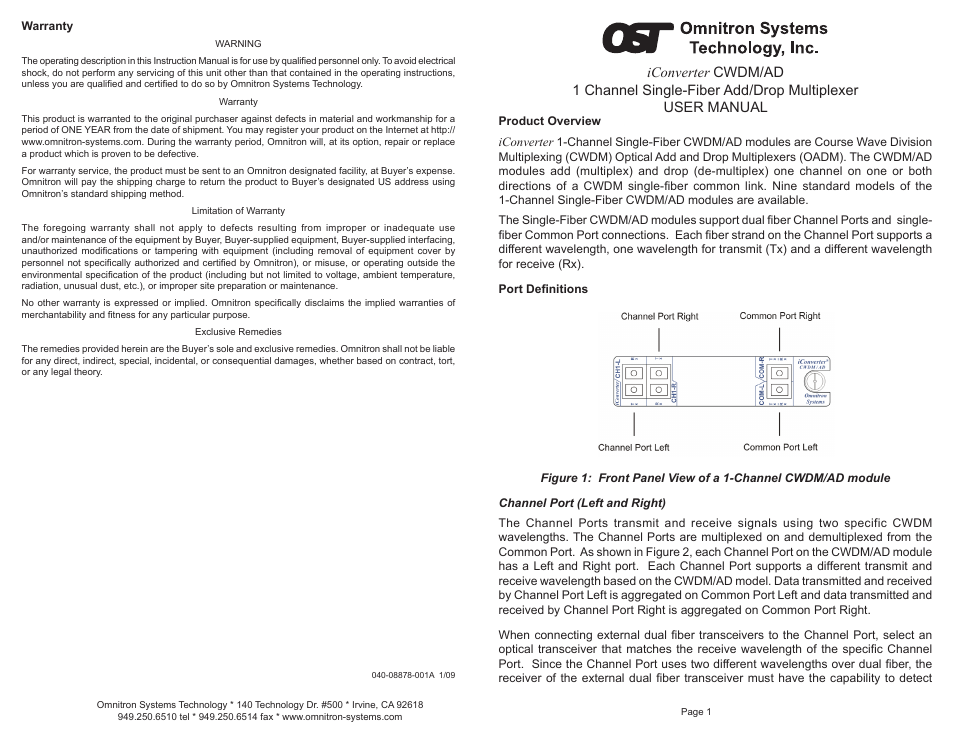 Omnitron Systems Technology iConverter CWDM/AD User Manual | 2 pages