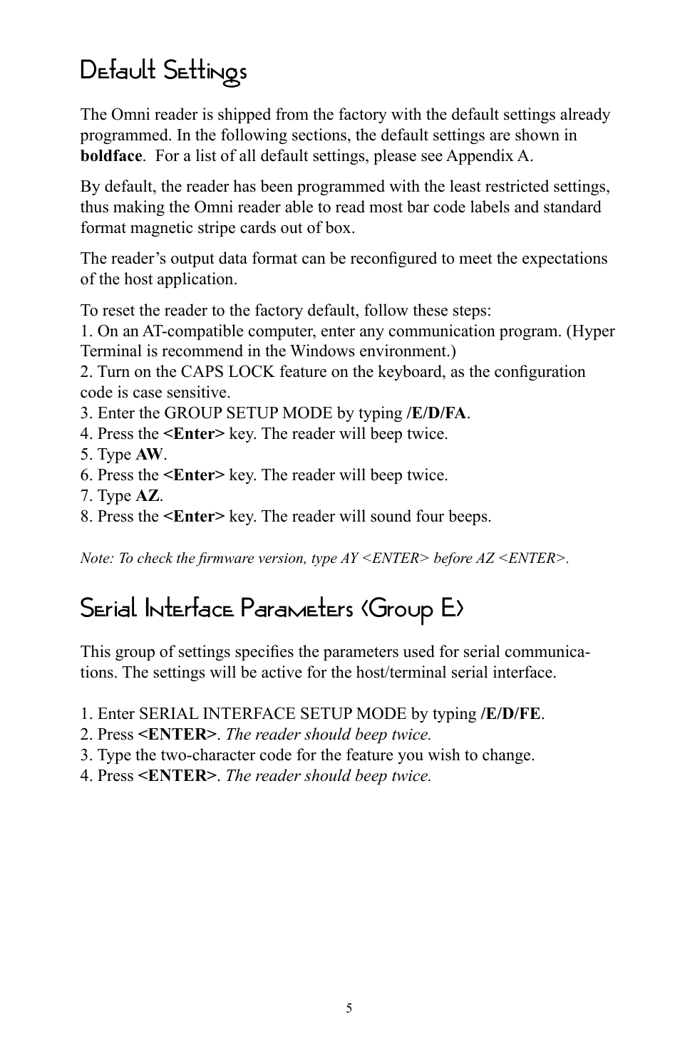 Default settings, Serial interface parameters (group e) | Omnitron Systems Technology RS-232 User Manual | Page 11 / 71