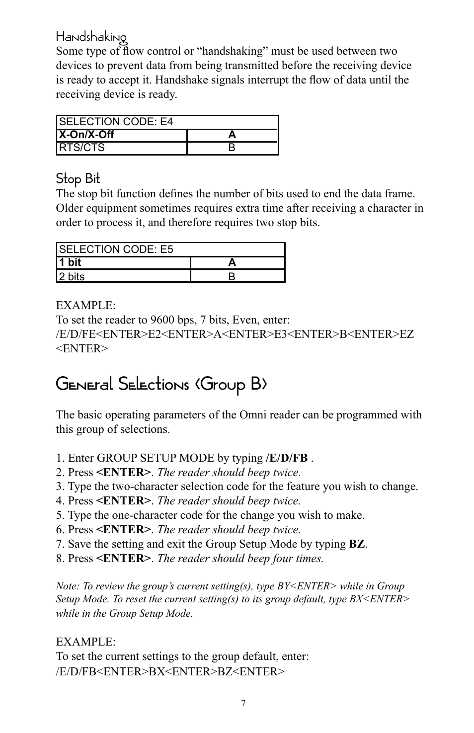 General selections (group b), Handshaking, Stop bit | Omnitron Systems Technology RS-232 User Manual | Page 13 / 71