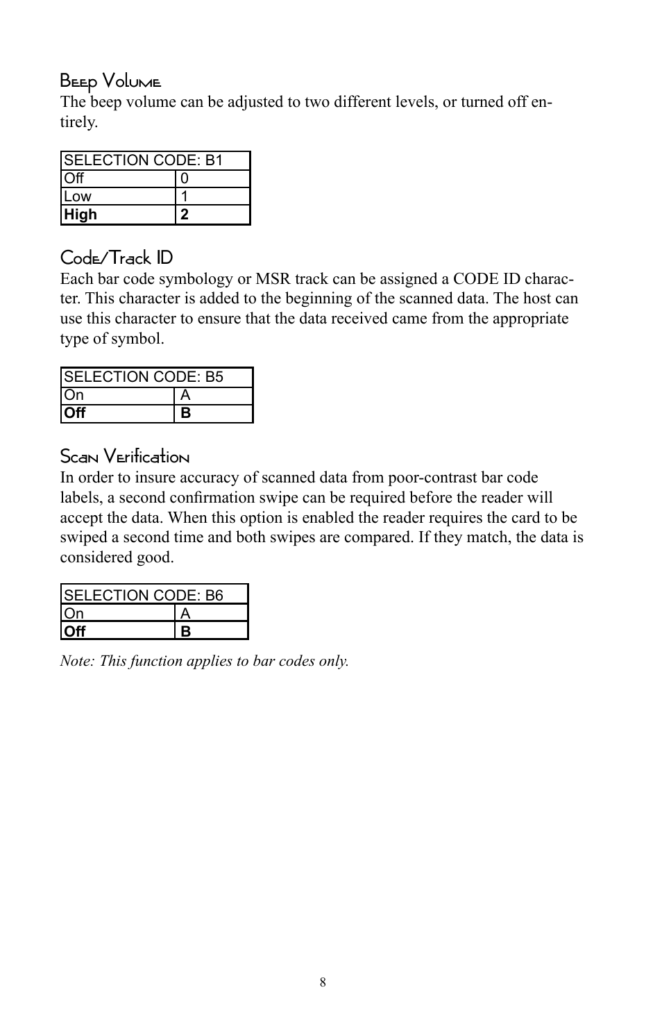 Beep volume, Code/track id, Scan verification | Omnitron Systems Technology RS-232 User Manual | Page 14 / 71