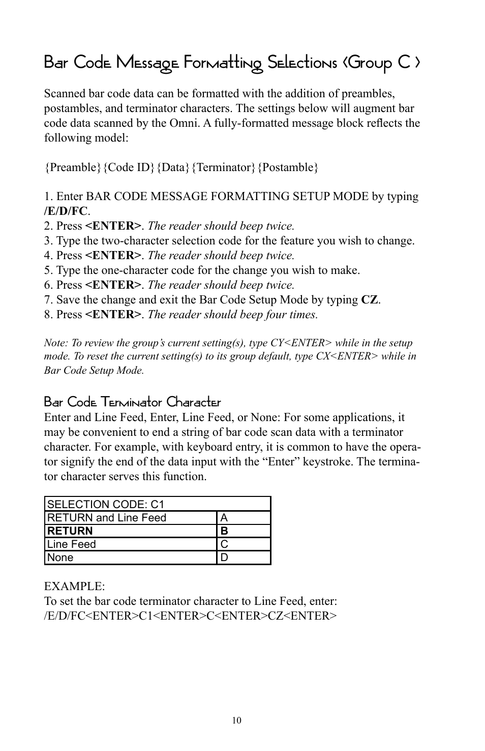 Bar code message formatting selections (group c ), Bar code terminator character | Omnitron Systems Technology RS-232 User Manual | Page 16 / 71