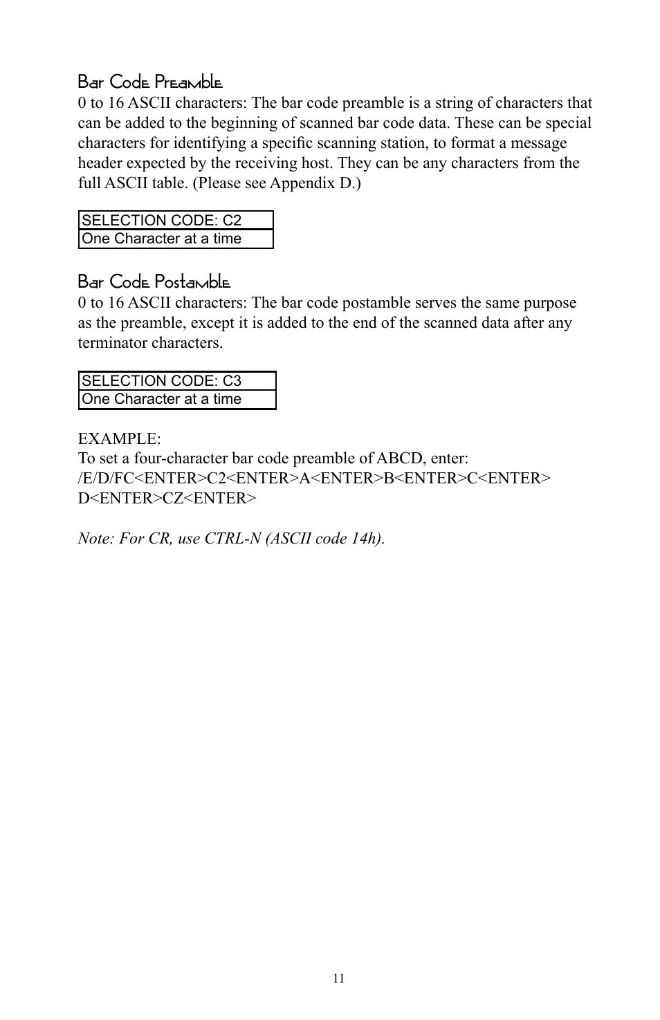 Bar code preamble, Bar code postamble | Omnitron Systems Technology RS-232 User Manual | Page 17 / 71