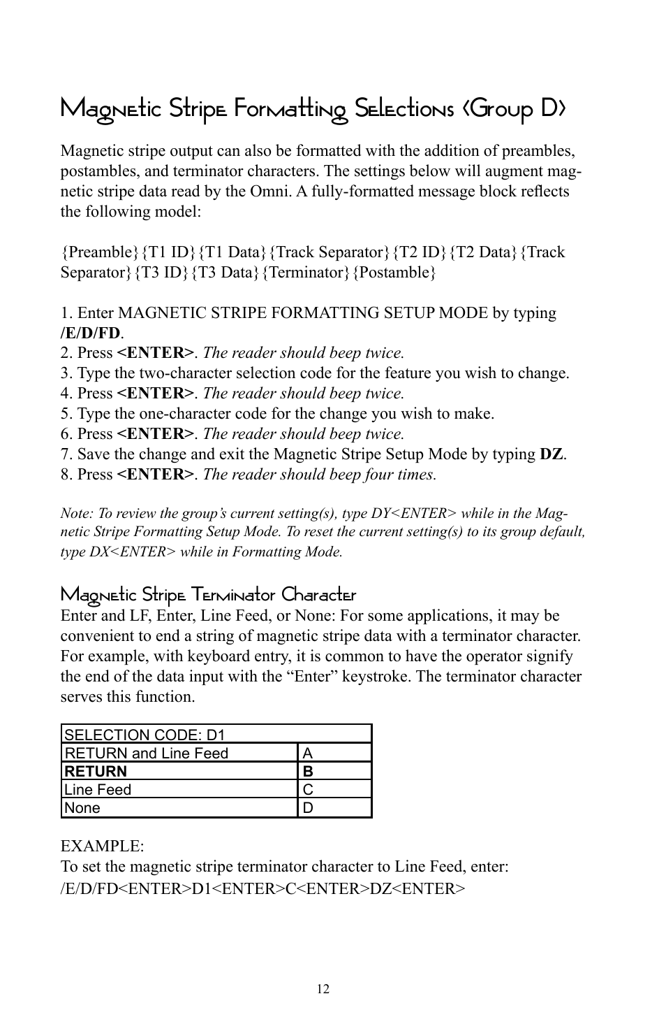 Magnetic stripe formatting selections (group d), Magnetic stripe terminator character | Omnitron Systems Technology RS-232 User Manual | Page 18 / 71