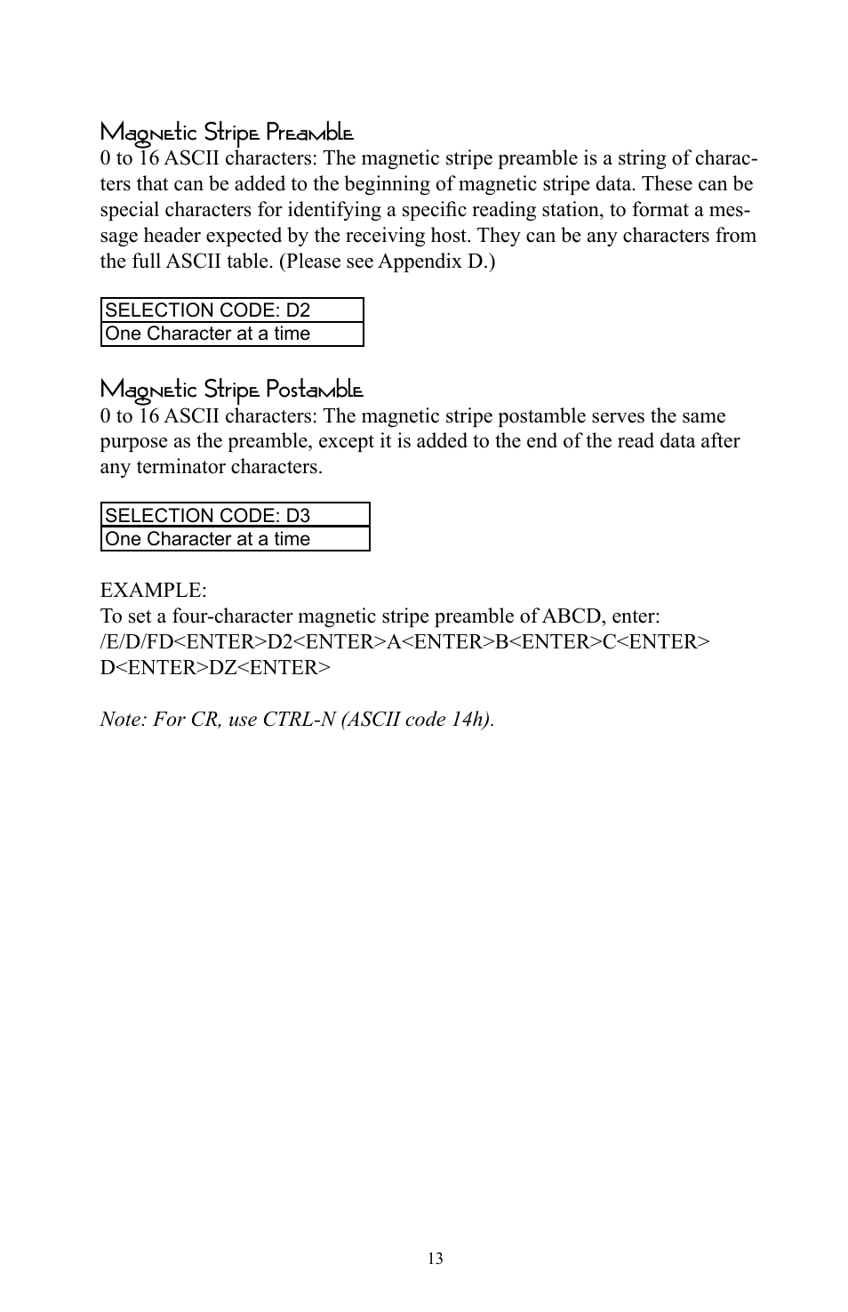 Magnetic stripe preamble, Magnetic stripe postamble | Omnitron Systems Technology RS-232 User Manual | Page 19 / 71