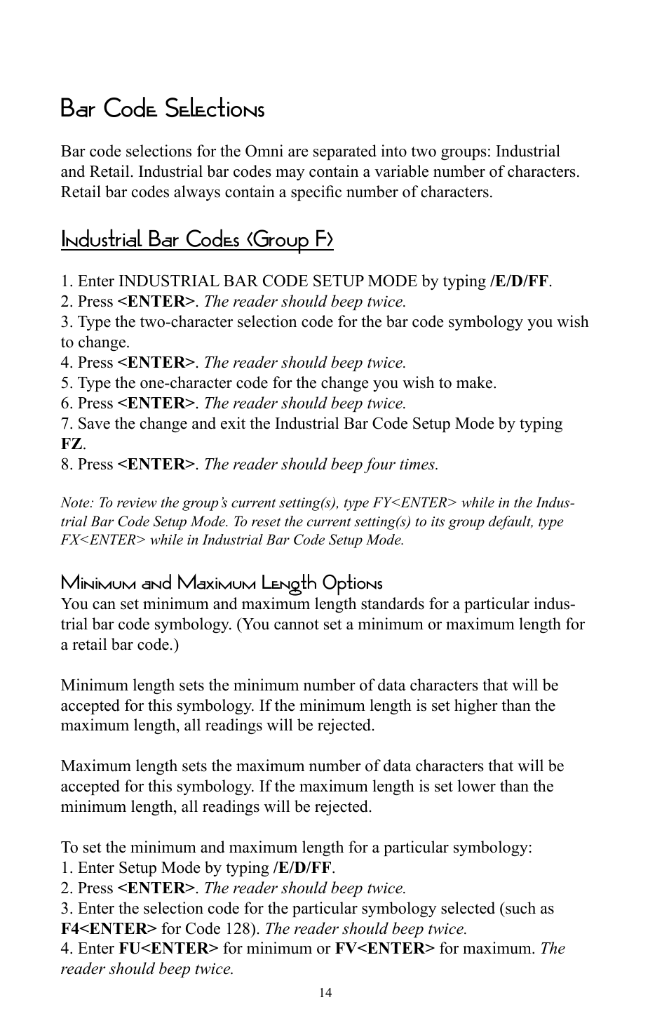 Bar code selections, Industrial bar codes (group f), Minimum and maximum length options | Omnitron Systems Technology RS-232 User Manual | Page 20 / 71